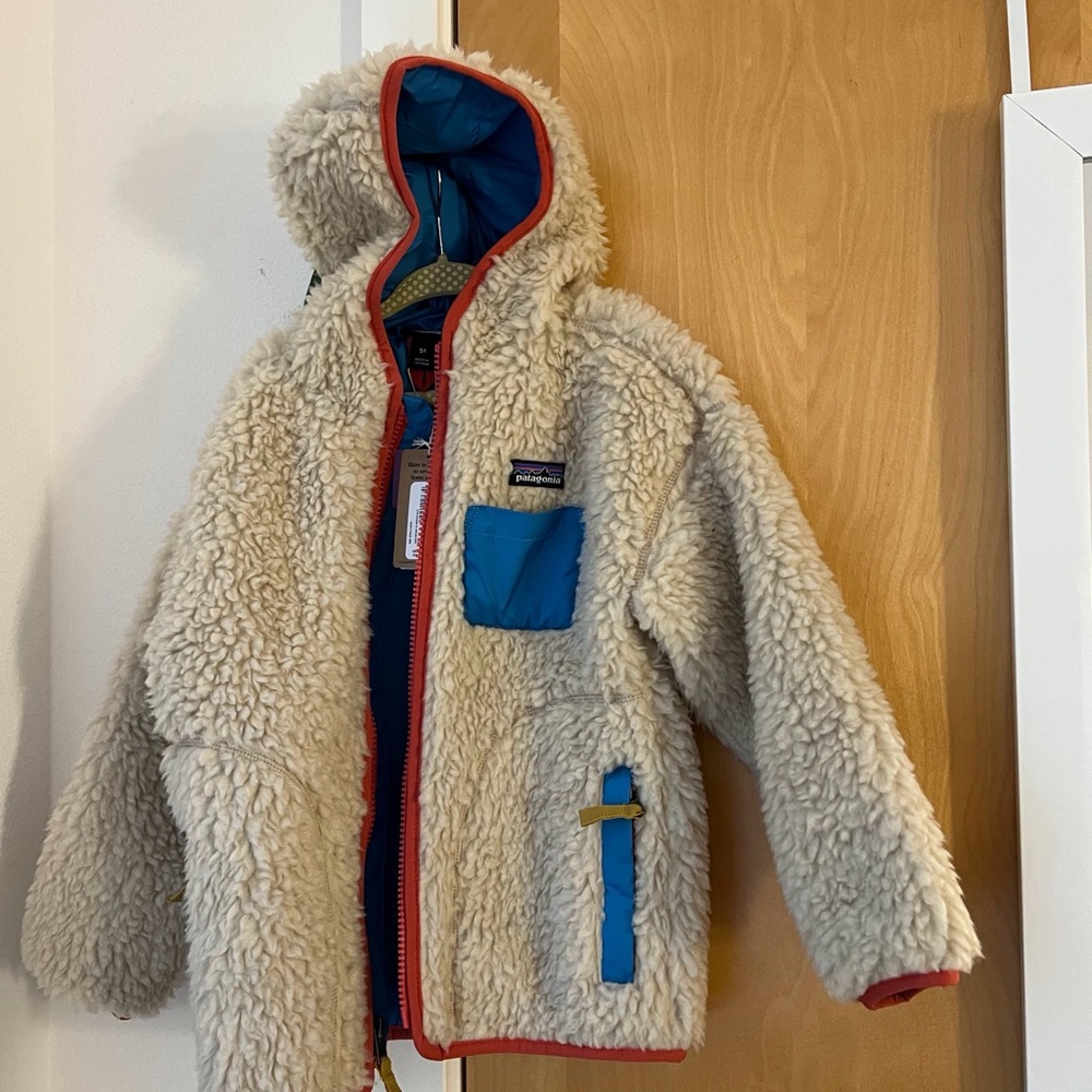 Patagonia Baby Retro-X® Hoody Cream Fleece with Red Trim and Blue Details